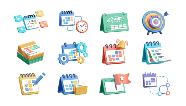  3D style calendar and schedule planning icon set vector illustration featuring time management task checklist business goals reminders and productivity organization symbols