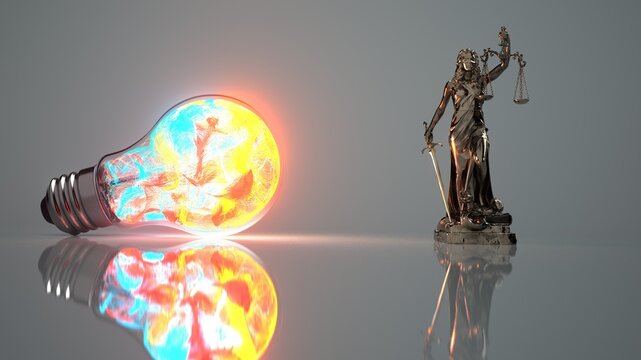 Legal innovation concept with Lady Justice and glowing light bulb. 3d illustration.