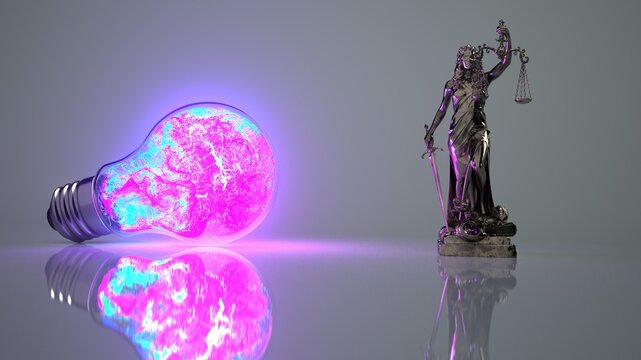 Legal innovation concept with Lady Justice and glowing light bulb. 3d illustration.