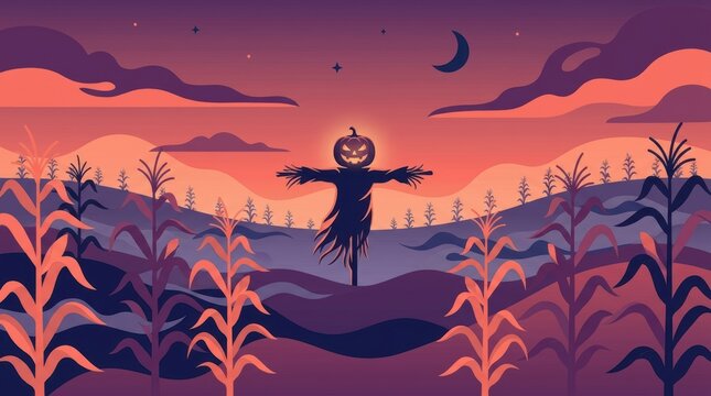 Glowing pumpkin head scarecrow stands in a vibrant purple cornfield at dusk with crescent moon Halloween Concept Design