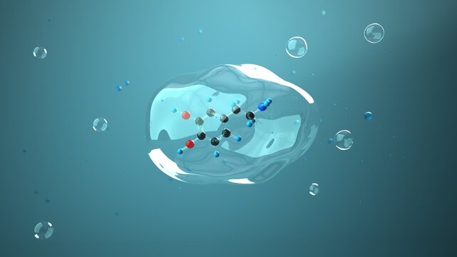 Dopamine molecule 3D render in the bubble and liquid environment. 3d illustration.