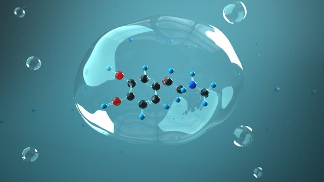Adrenaline molecule 3D render in the bubble and liquid environment. 3d illustration.