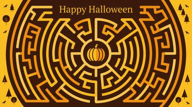 Intricate golden circular maze with central pumpkin icon and seasonal greeting for a Halloween Concept Design