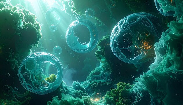 Mysterious Underwater Spheres: Ethereal, translucent spheres drift in a vibrant underwater ecosystem, illuminated by ethereal light rays filtering from above, hinting at an undiscovered world.