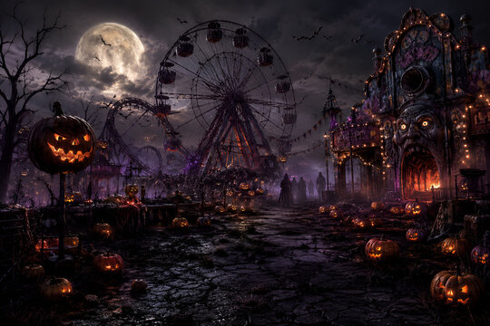 Spooky old gothic castle, foggy night, haunted mansion