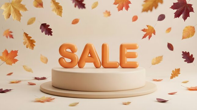 Vibrant autumn sale banner with orange 3d text and falling leaves