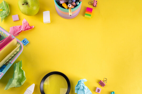 Back to School. School equipment high-colored bright flat lay