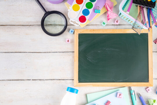 Back to School. School equipment high-colored bright flat lay