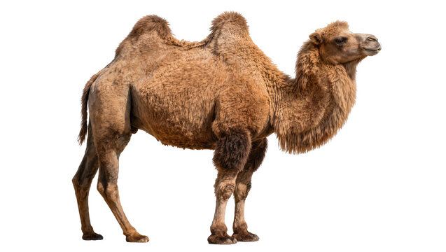 Brown dromedary camel with thick fur, isolated on transparent background