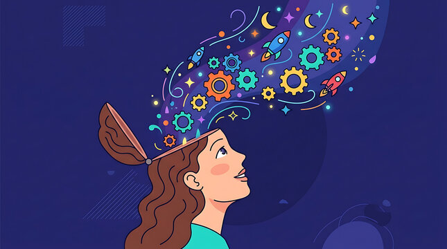 Woman's Open Mind Releasing Creative Ideas, Stars, Rockets, and Gears into Space