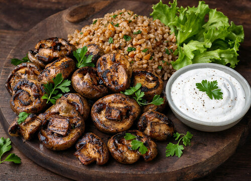Mushrooms, grilled champignons on a wooden board with a side dish and sour cream. Yummy grilled mushrooms.
