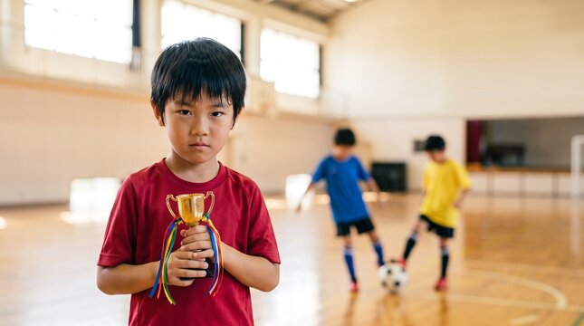 Serious young soccer player wearing red shirt holds shiny gold trophy while standing proudly inside large bright indoor sports gymnasium