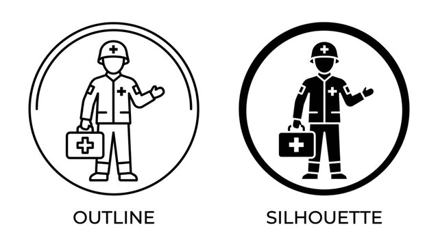 Medical Professional Icons: Two distinct icons representing a medical professional, one as an outline and the other as a silhouette, each holding a medical bag with a red cross symbol.