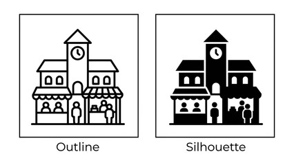 Naklejka premium Building Icon Comparison: Two distinct representations of a building, one as a line-art outline and the other as a solid silhouette, showcasing architectural elements and storefronts with figures.