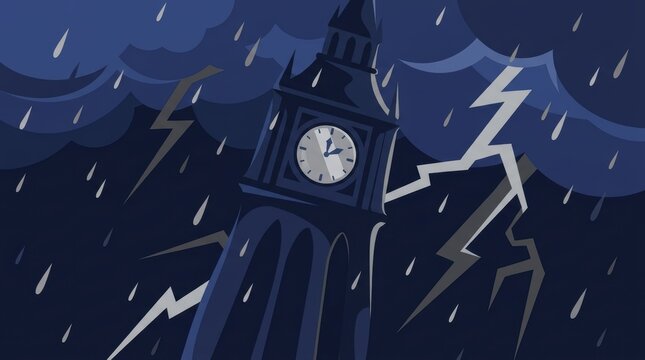Ominous flat vector clock tower looms under a dark blue stormy sky with falling rain Halloween Concept Design
