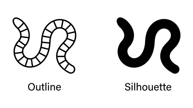 Earthworm Outline and Silhouette: Two graphic representations of an earthworm, one as a line drawing and the other as a solid silhouette, illustrating the distinct forms.
