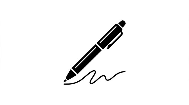 Signature pen vector icon illustration. Iconic bic pen graphic element with written line. Minimalist black and white logo concept idea. Writing instrument symbol for document writing