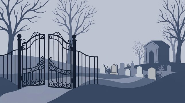 Open ornate gate at a spooky, stylized graveyard with bare trees and tombstones in cool blue Halloween Concept Design