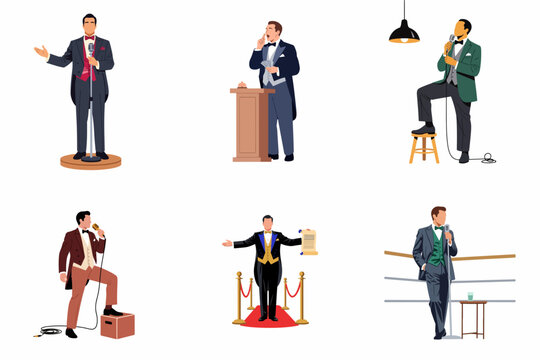 Collection of Vintage Male Presenters and Masters of Ceremonies in Formal Tuxedos, Event Hosts and Announcers for Red Carpet, Gala, and Stage Performances