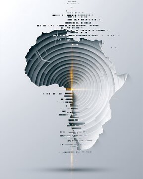 Digital Africa continent map formed from glitch data patterns and radiating tech circles in gray and orange