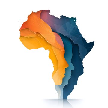 Layered Africa continent map in warm orange and cool blue tones with hidden human face profile silhouette