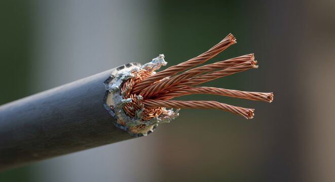 Close-up of exposed copper wire strands inside a cut electrical cable. Electrical engineering, power transmission, telecommunications, recycling, and industrial technology concept.