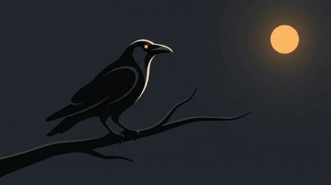Sleek black raven with bright orange eyes perched on a dark bare branch under a minimalist full Halloween Concept Design