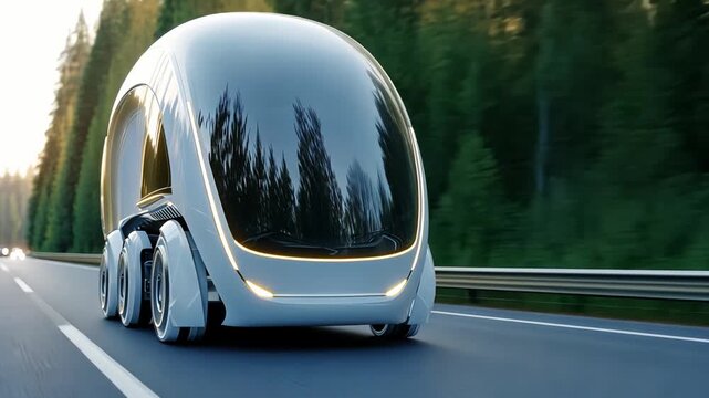 Futuristic autonomous vehicle on a forest highway