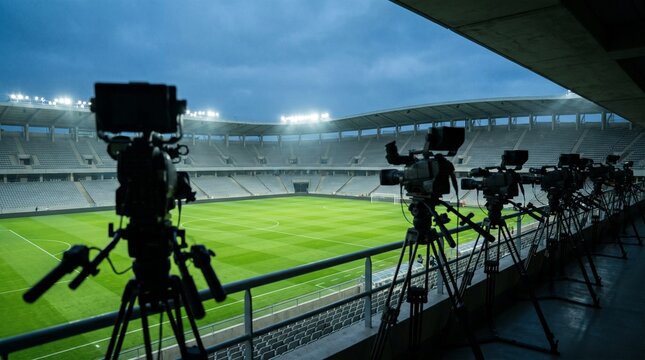 Professional broadcast television cameras lined up for live sports coverage at an empty soccer stadium under bright stadium floodlight illumination