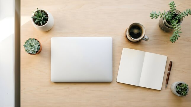 Modern workspace with laptop, open notebook and succulent plants on desk