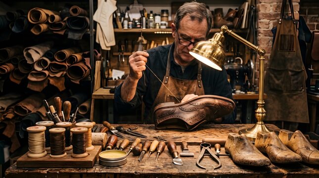 Shoe artisan hand-stitching leather footwear. Skilled cobbler working in a traditional workshop.