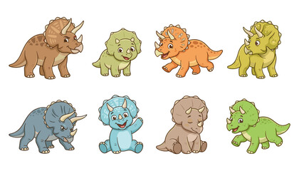 Cute cartoon triceratops dinosaur vector characters set with colorful friendly facial expressions isolated on white background © MdNipon