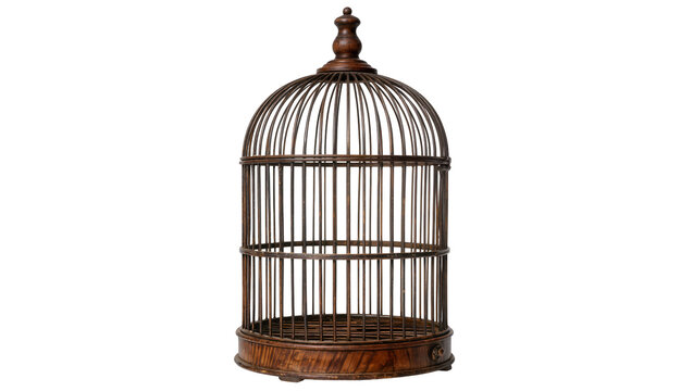 Antique ornate wooden birdcage with domed roof, isolated on transparent background