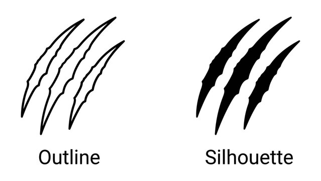 Animal Claw Mark Design: Two distinct styles of animal claw marks, an outline and a silhouette, presented side-by-side for graphic design or illustration purposes.