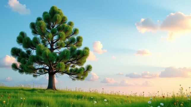 Serene Landscape Featuring a Majestic Pine Tree on a Verdant Meadow Under a Pastel Sky