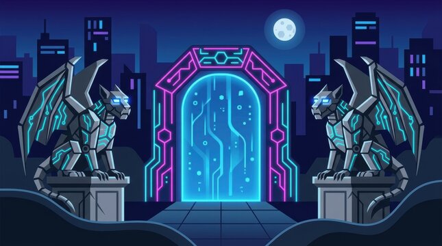 Symmetrical cyber gargoyles with glowing neon eyes stand guard beside a bright digital portal Halloween Concept Design