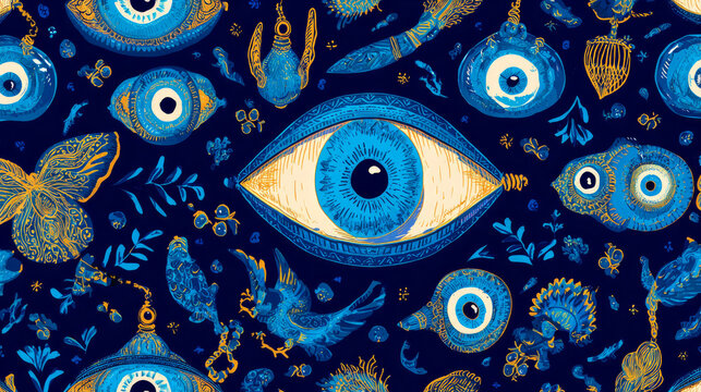 Hand Drawn Turkish Eye Seamless Pattern, Traditional Nazar Amulet Evil Eye Repeating Background