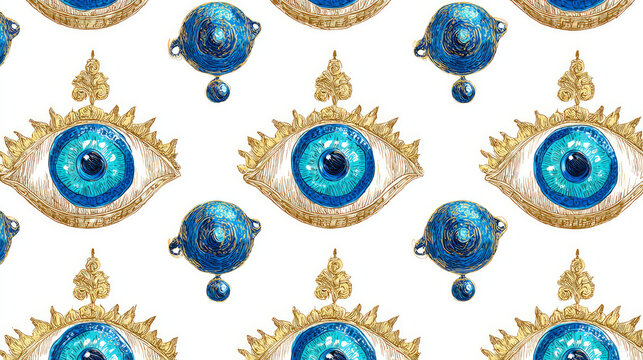 Hand Drawn Turkish Eye Seamless Pattern, Traditional Nazar Amulet Evil Eye Repeating Background