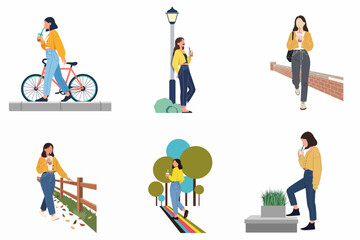 Fototapeta premium Set of Flat Vector Illustrations Featuring a Young Woman in Various Daily Urban and Outdoor Activities Like Walking, Cycling, and Using a Smartphone in the City and Park.