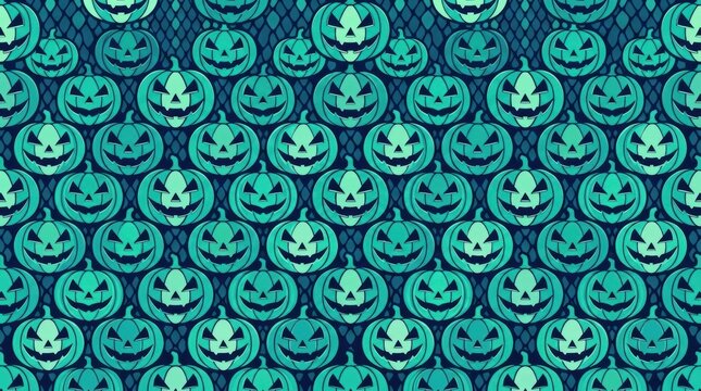 Vibrant teal Jack-o'-lantern pumpkin pattern tiling over a dark textured grid Halloween Concept Design