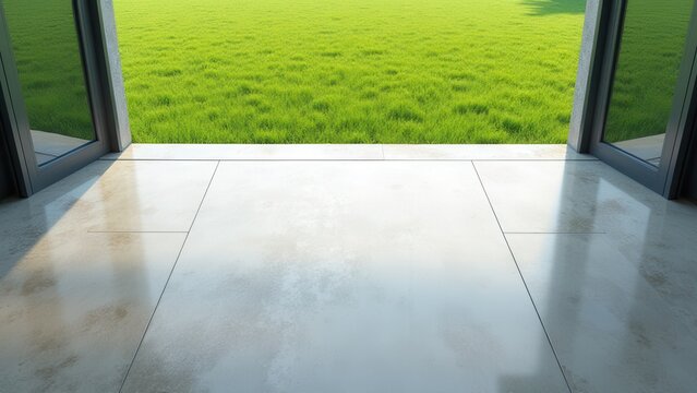seamless transition from modern concrete floor to lush green lawn with natural daylight leading lines for interior exterior architecture design concept