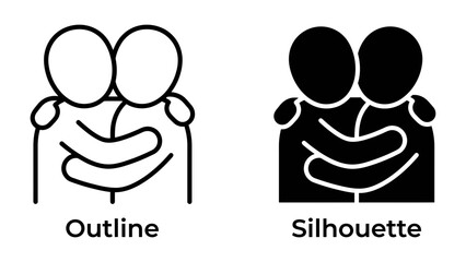 Fototapeta premium Friendship Embrace: Two figures in an outline and silhouette icon embrace each other, symbolizing connection, support, and companionship.