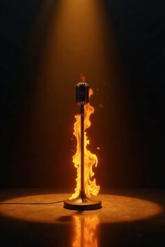 Fiery Microphone Stand Illuminated by a Single Spotlight on a Dark Stage