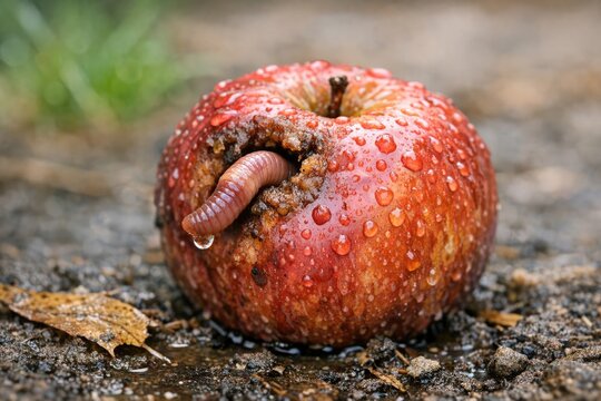 A worm eats an apple on the ground, a common scene in nature