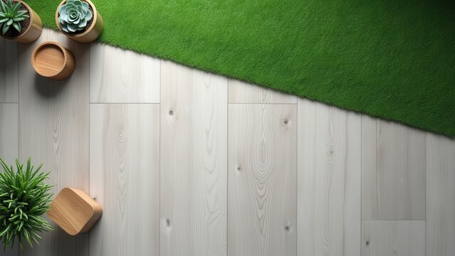 modern indoor flooring transition from grey wood to green turf with succulents for home staging or corporate reception design