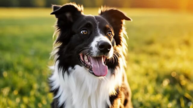 Border collie plays in a sunny park happily during late afternoon