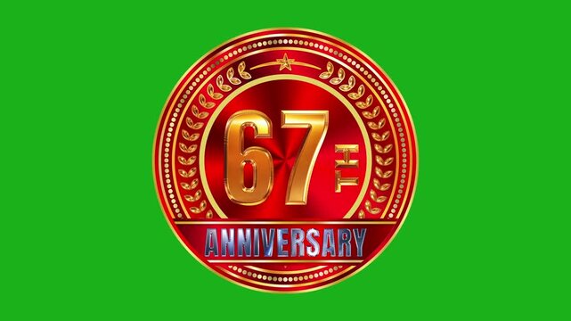 Elegant 67th anniversary 3D gold typography badge featuring deep red radial brushed metal texture with glow lighting in 4k video