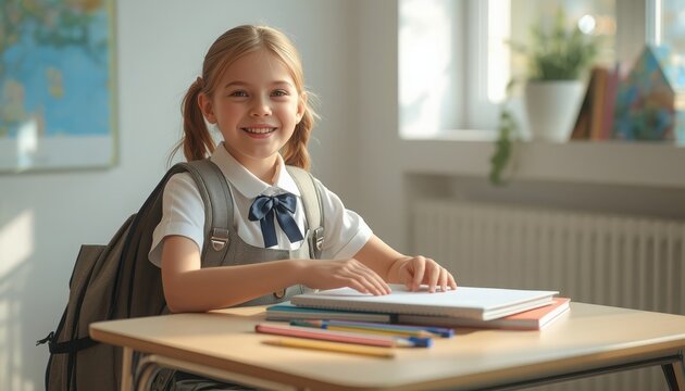 Young female student wearing school uniform sits attentively at her wooden desk with books in the classroom.