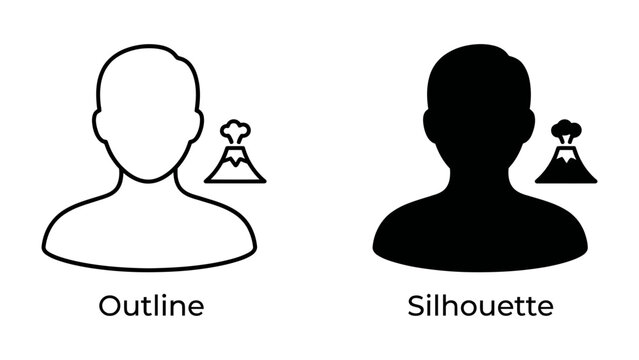User Profile with Volcanic Activity Indicator: Two icon representations, one outlined and one silhouetted, depict a user profile next to a small volcano emitting smoke and lava.