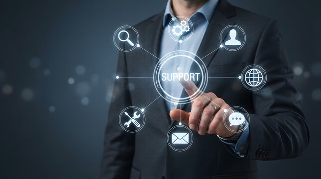 Professional selecting digital support services interface with interactive icons display with representing assistance communication interface